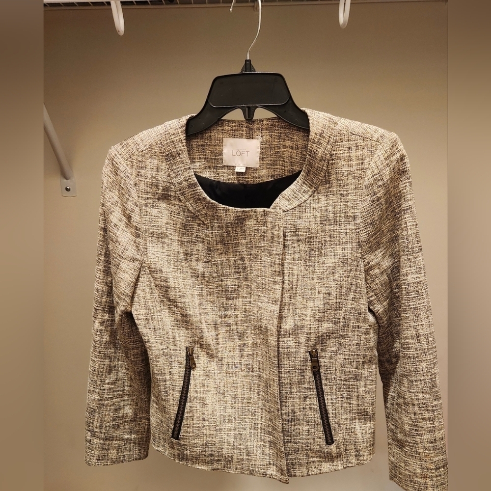LOFT Tweed Zip-Front Jacket – Neutral Beige – Workwear Classic
